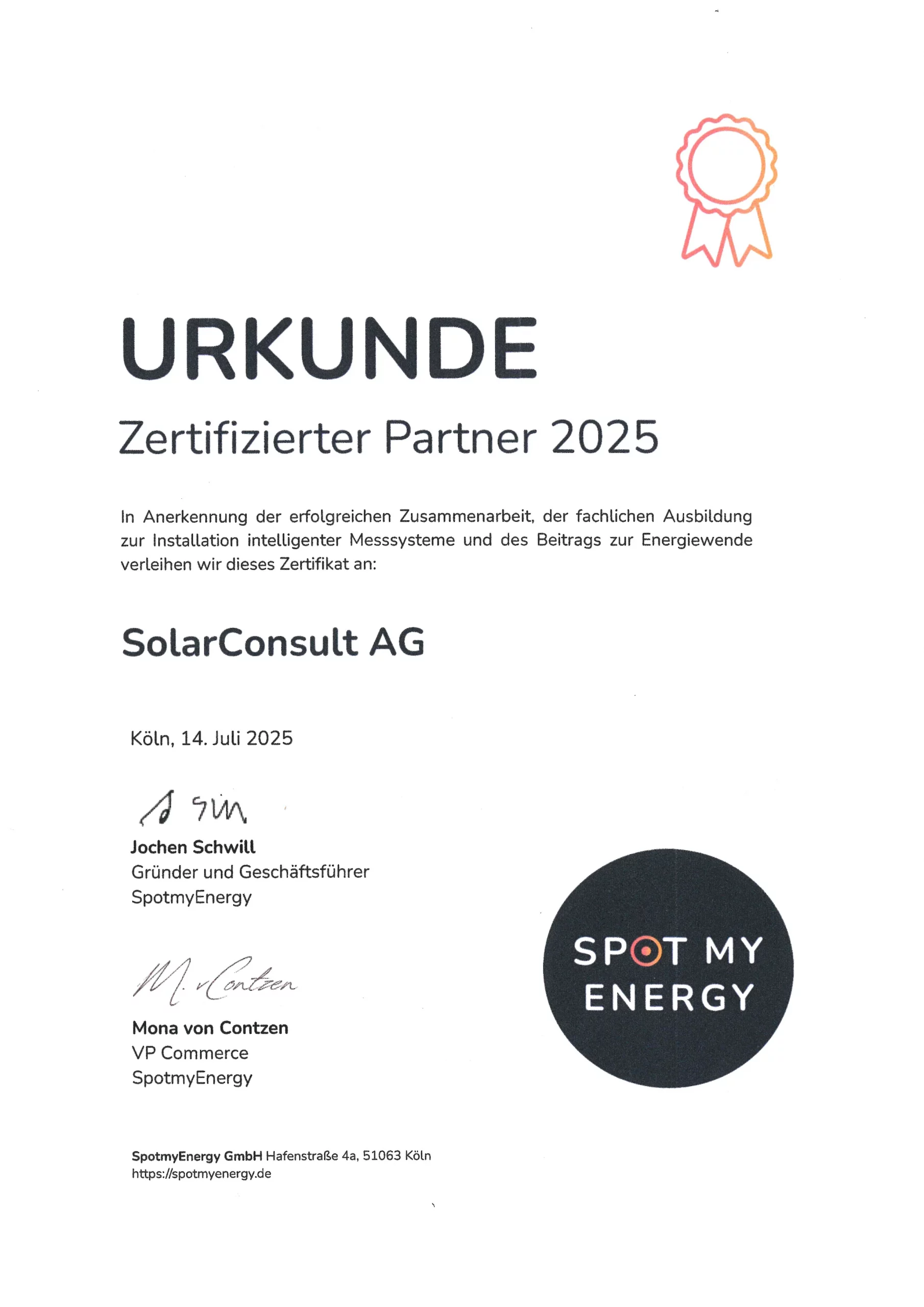 SolarConsult Urkunde Partner von SpotMyEnergy