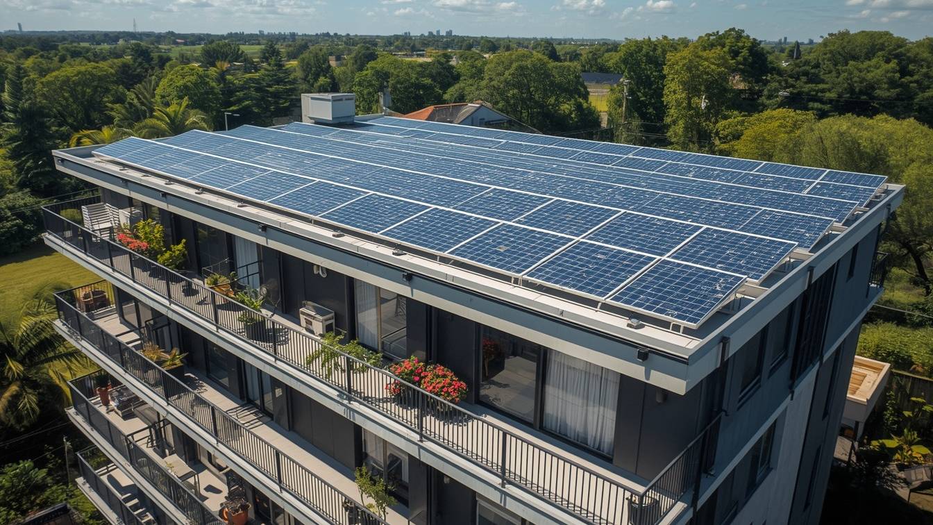 Luftaufnahme eines modernen Mehrfamilienhauses mit großflächiger Photovoltaikanlage auf dem Dach. Die Solaranlage erzeugt Strom für die Gemeinschaftliche Gebäudeversorgung (GGV), sodass mehrere Wohnungen im Gebäude gemeinsam Solarstrom nutzen und ihren Netzstrombezug reduzieren können.