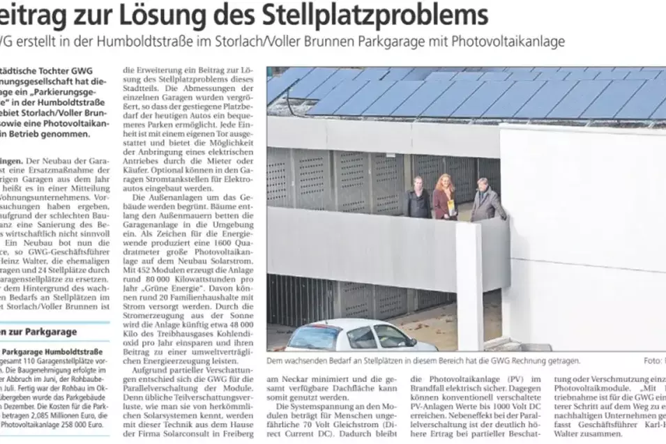 GWG Reutlingen setzt auf Solarstrom in neuer Parkgarage.